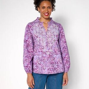 LOGO Lavish by Lori Goldstein Animal Print Embroidered Cotton Blouse Size 1X